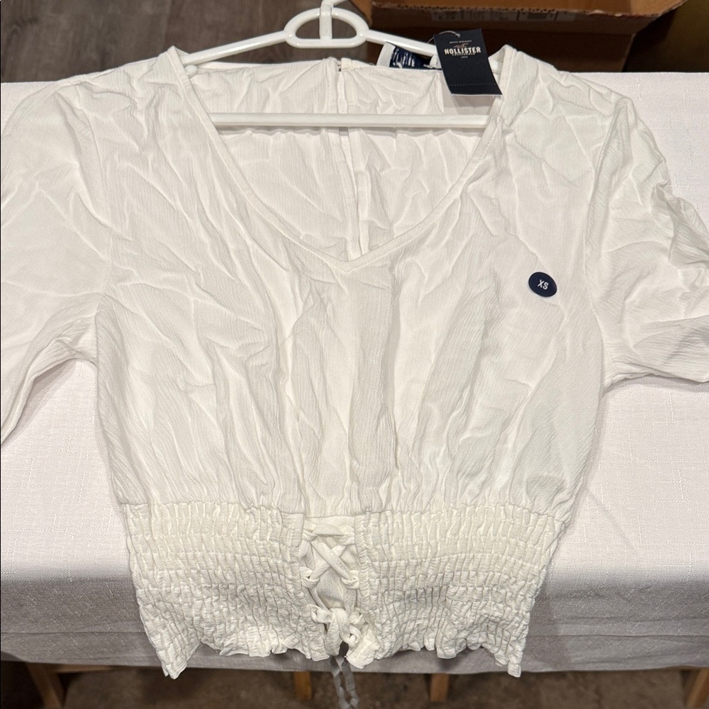 Hollister White Smocked V-Neck Crop Blouse with Tie